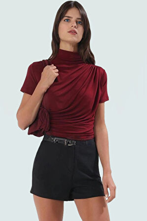 Fitted Dik Yaka Kısa Kollu Esnek Örme Bluz Yazlık Günlük Seçkin Malzeme Uzun Ömürlü