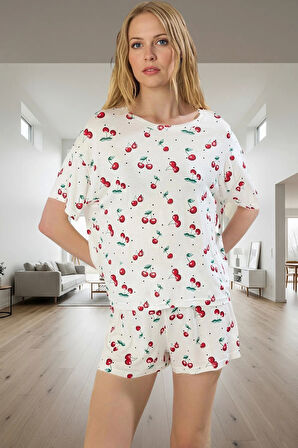 Kadın Rahat Yazlık Kiraz Desenli Viskon Pijama Takımı Profesyonel Görünüm Özenle Seçilmiş