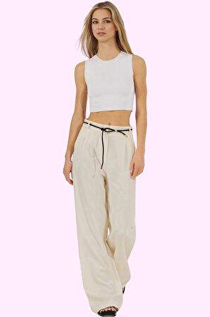 Kadın Geniş Paça Pantolon Yüksek Bel Wide Leg Finike Dokuma Yazlık Yaz Aylarının Vazgeçilmezi