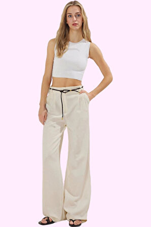 Kadın Geniş Paça Pantolon Yüksek Bel Wide Leg Finike Dokuma Yazlık Yaz Aylarının Vazgeçilmezi