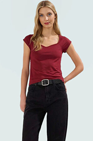 Fitted Örme Bluz Kalp Yaka Yazlık Günlük Premium Kalite Kullanım İçin Modern Stil