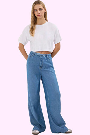 Kadın Geniş Paça Yüksek Bel Kot Pantolon Liyosel Denim Günlük Stil Yaz Aylarının Vazgeçilmezi