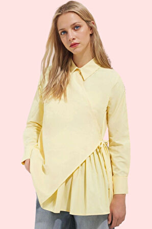 Kadın Kruvaze Bağlamalı Pilise Detaylı Dokuma Gömlek Günlük Kullanım Yaz Aylarının Vazgeçilmezi