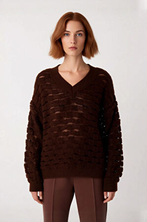 Kadın Oversize V Yaka Simli Ajurlu Triko Kazak Düşük Kol Rahat Günlük Şık Giyim Kombini Kaliteli