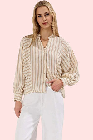 Kadın Çizgili Desenli Müslin Gömlek Pamuk Günlük Kullanım Hafta Sonu Yaz Aylarının Vazgeçilmezi