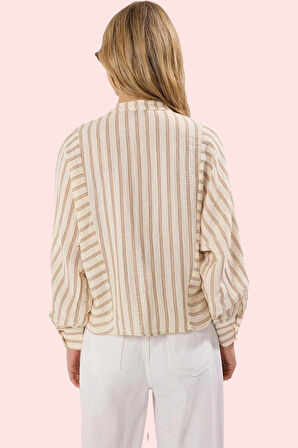 Kadın Çizgili Desenli Müslin Gömlek Pamuk Günlük Kullanım Hafta Sonu Yaz Aylarının Vazgeçilmezi