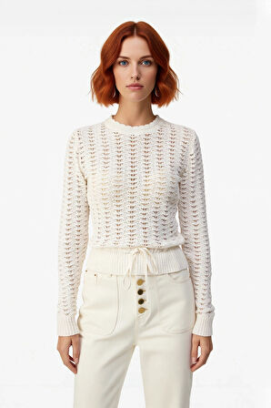 Kadın Ajurlu Fitted Bisiklet Yaka Büzgülü Kollu İnce Triko Kazak İlkbahar Sonbahar Şıklığına Özel