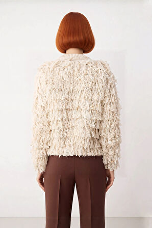 Kadın Püsküllü Dokulu Triko Kazak Regular Kalıp Bisiklet Yaka Kış Şıklığı İçin İdeal Seçim