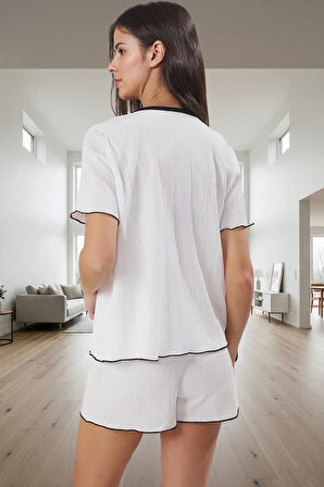 Kadın Kısa Kollu Örme Pijama Takımı Rahat Ev Giyim Seti Trend Tasarım Modern Stil