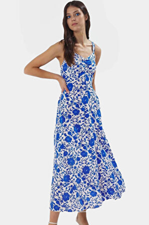 Yazlık Midi Boy V Yaka Çiçekli Elbise  Viskoz Dokuma Kumaş Rahat Günlük Stil Yüksek Kalite