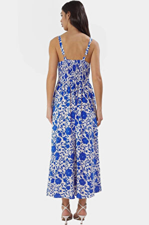 Yazlık Midi Boy V Yaka Çiçekli Elbise  Viskoz Dokuma Kumaş Rahat Günlük Stil Yüksek Kalite