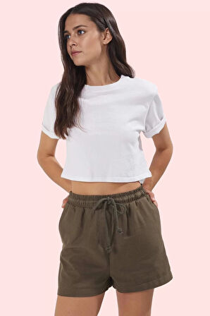 Kadın Pamuklu Gabardin Mini Şort Yüksek Bel Straight Kesim Yazlık Günlük Dayanıklı Malzeme