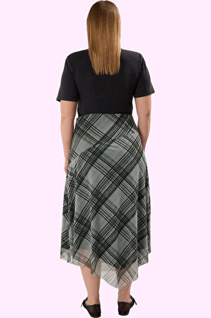 Kadın Midi Boy Ekose Desenli Örme Etek Tül Dantel Detaylı Günlük Kombinler Kaliteli Malzeme