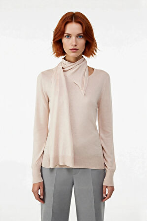 Kadın Şal Yaka Detaylı Merserize Görünümlü İnce Triko Kazak İlkbahar Sonbahar Günlük Şıklığı