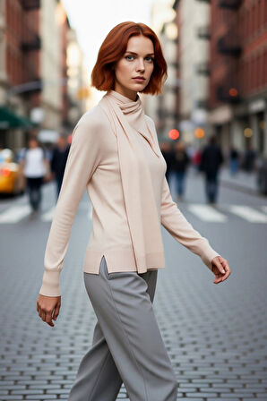 Kadın Şal Yaka Detaylı Merserize Görünümlü İnce Triko Kazak İlkbahar Sonbahar Günlük Şıklığı