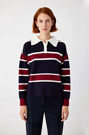 Kadın Oversize Polo Yaka Triko Kazak Renk Bloklu Düşük Kol Rahat Gündelik Kışlık Şıklık Sunar