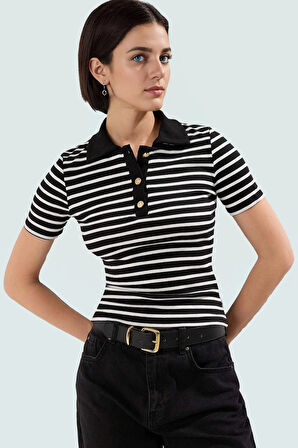 Çizgili Polo Yaka Fitted Örme Bluz Kaliteli İşçilik Dayanıklı Malzeme Özel Tasarım