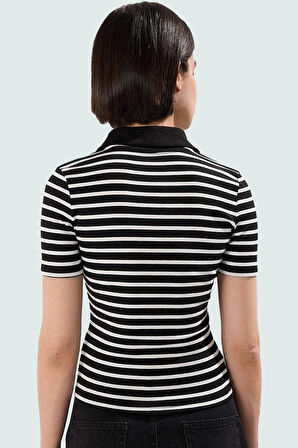 Çizgili Polo Yaka Fitted Örme Bluz Kaliteli İşçilik Dayanıklı Malzeme Özel Tasarım