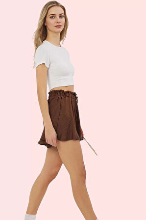 Kadın Keten Görünümlü Geniş Paça Şort Yüksek Bel Kısa Boy Pamuklu Günlük Kullanım Hafta Sonu