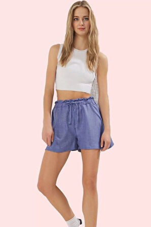 Kadın Keten Görünümlü Geniş Paça Şort Yüksek Bel Kısa Boy Pamuklu Günlük Kullanım Hafta Sonu