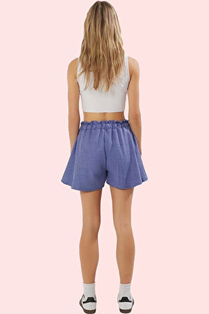 Kadın Keten Görünümlü Geniş Paça Şort Yüksek Bel Kısa Boy Pamuklu Günlük Kullanım Hafta Sonu