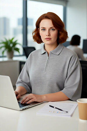 Kadın Relaxed Kalıp Polo Yaka Fermuar Detaylı Düşük Kollu Truvakar Triko Kazak Büyük Beden Rahat