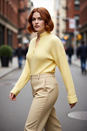 Kadın Relaxed Kalıp Dik Yaka Fitilli Dokuma Düğmeli Triko Kazak Kış Günleri İçin Konfor ve Şıklık