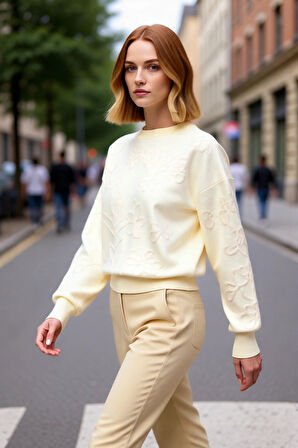 Kadın Ekru Regular Kalıp Bisiklet Yaka Çiçek Desenli Düşük Kol Triko Kışlık Kazak Günlük Şıklık İçin