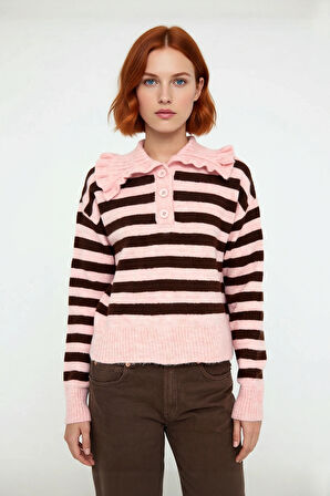 Kadın Haki Çizgili Devrik Yaka Crop Triko Kazak Düşük Kollu Rahat Kışlık Basic Model Kaliteli