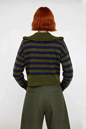 Kadın Haki Çizgili Devrik Yaka Crop Triko Kazak Düşük Kollu Rahat Kışlık Basic Model Kaliteli