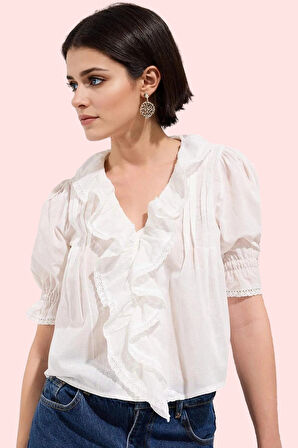 Kadın V Yaka Fırfırlı Detaylı Gömlek Pamuk Günlük Kullanım Hafta Sonu Yaz Aylarının Vazgeçilmezi