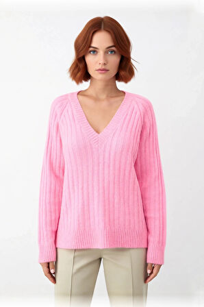 Kadın Regular Kalıp V Yaka Fitilli Reglan Kol Triko Kazak Kış Aylarında Modern ve Rahat Giyim