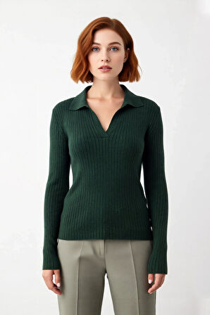 Kadın Polo Yaka Fitilli Triko Kazak Fitted Kesimiyle Günlük Şıklık Sunar Soğuk Havalar İçin İdeal