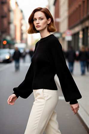 Kadın Fitted Kalıp Dik Yaka Triko Kazak Fitilli Dokuma Uzun Kollu Günlük Şık Kışlık Giyim Seçeneği