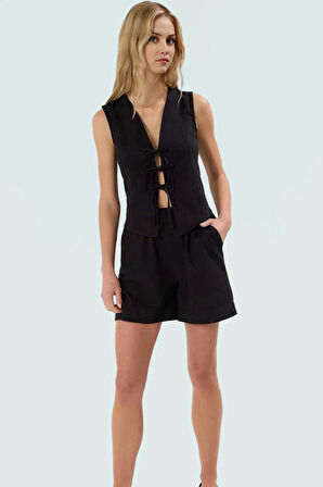 Kadın Bağlamalı Keten Görünümlü Bluz Şort Takım Yazlık Günlük Konforlu Kesim Modern Stil