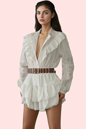 Kadın Kısa Kesim Crop Gömlek Fırfır Detaylı Pamuklu Günlük Kullanım Yaz Aylarının Vazgeçilmezi