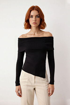 Kadın Fitted Carmen Yaka İnce Triko Kazak Uzun Standart Kol Düz Premium İplik Sonbahar Şıklığı