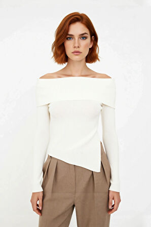 Kadın Fitted Carmen Yaka İnce Triko Kazak Uzun Standart Kol Düz Premium İplik Sonbahar Şıklığı