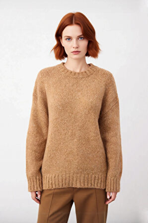 Kadın Oversize Kalın Triko Kazak Düşük Kol Bisiklet Yaka Uzun Boy Rahat Günlük Kombinler İçin