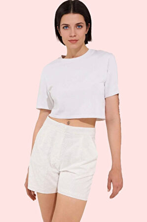 Kadın Brode Desenli Kısa Şort Pamuk Günlük Kombinler Hafta Sonu Yaz Aylarının Vazgeçilmezi