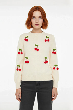 Kadın Regular Kalıp Nakışlı İşlemeli Bisiklet Yaka Uzun Kollu Triko Kazak Kış Sezonu İçin İdeal