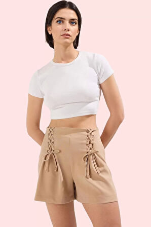 Kadın Şort Etek Bağcık Detaylı Kısa Dokuma Finike Günlük Hafta Sonu Yaz Aylarının Vazgeçilmezi