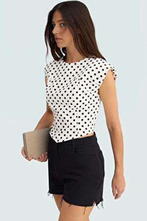 Pamuklu Puantiyeli Crop Bluz Fitted Kalıp Günlük Stil Yüksek Kalite Özel Tasarım