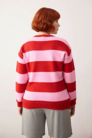 Kadın Çizgili Bisiklet Yaka Regular Kalıp Düşük Kol Uzun Kollu Triko Kışlık Rahat Şık Kazak