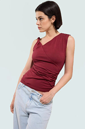 Kadın Asimetrik Yaka Büzgülü Örme Bluz Rahat Günlük Stil Trend Tasarım Şık Görünüm