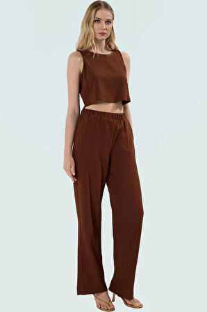 Kadın Yazlık Crinkle Dokuma Crop Pantolon Takım Rahat Kullanım Ve Şık