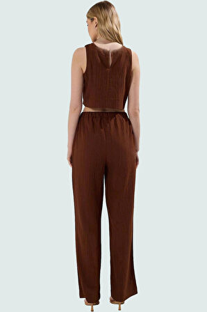 Kadın Yazlık Crinkle Dokuma Crop Pantolon Takım Rahat Kullanım Ve Şık