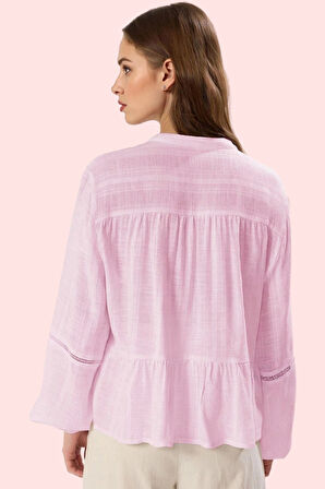 Kadın V Yaka Dokulu Kumaş Uzun Kollu Gömlek Günlük Stil Hafta Sonu Yaz Aylarının Vazgeçilmezi