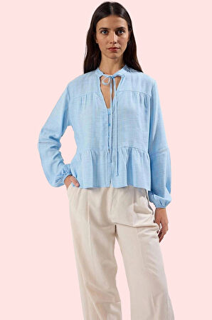 Kadın V Yaka Dokulu Kumaş Uzun Kollu Gömlek Günlük Stil Hafta Sonu Yaz Aylarının Vazgeçilmezi