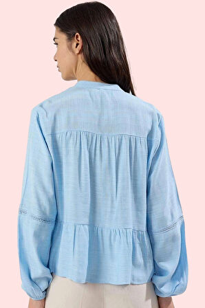 Kadın V Yaka Dokulu Kumaş Uzun Kollu Gömlek Günlük Stil Hafta Sonu Yaz Aylarının Vazgeçilmezi